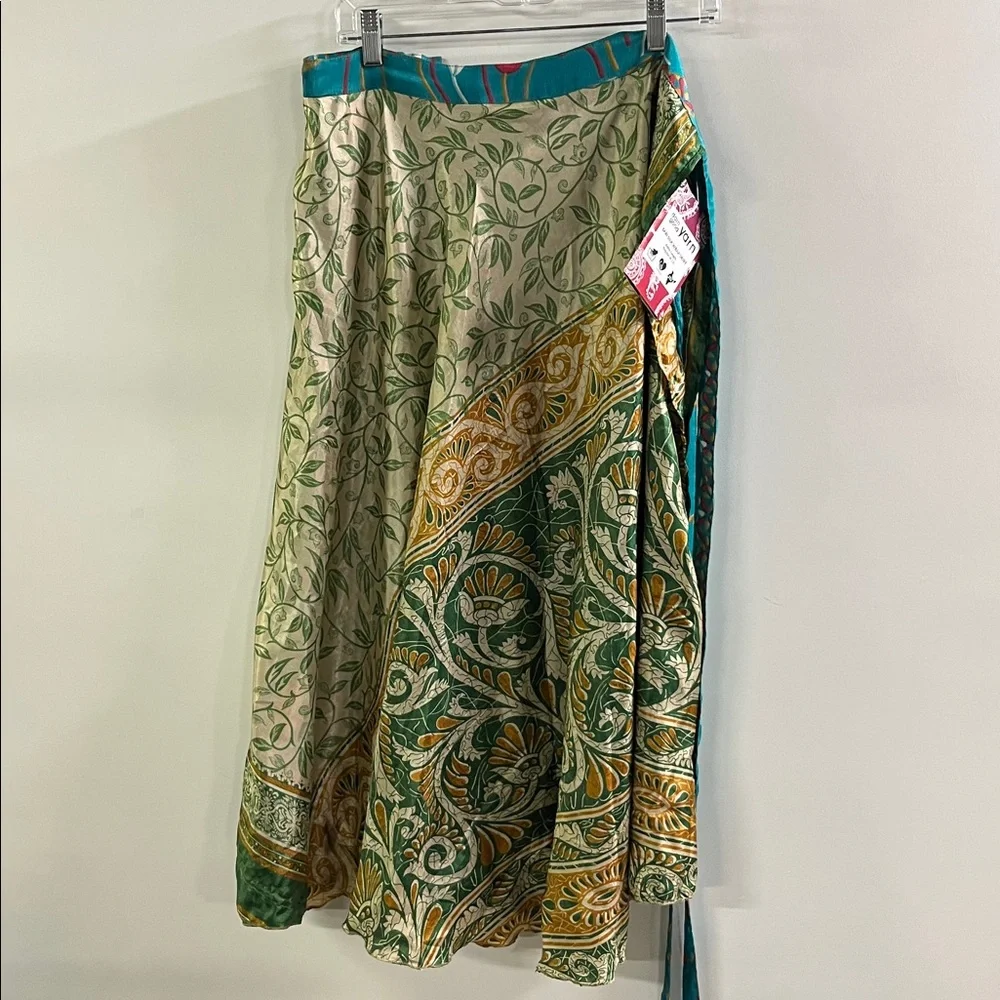DARN GOOD YARN NWT Boho Granola 100% Silk Teal Sari Wrap Midi Skirt O/S (4-12)